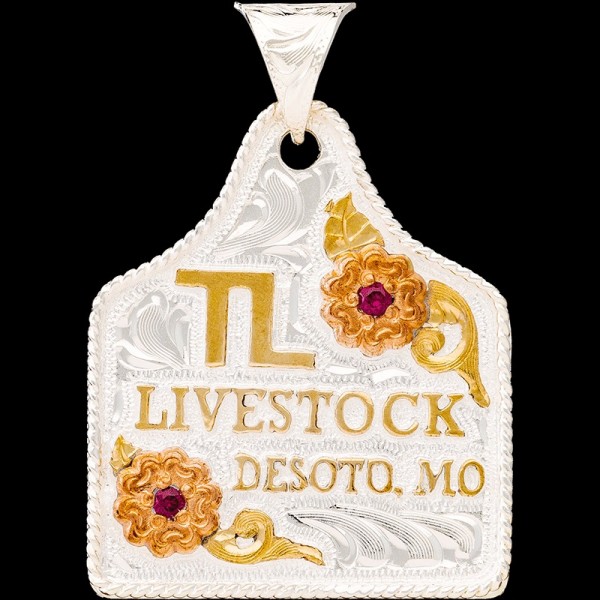Flossie, Silver Plated base 1.75"x1.50" framed with a rope edge. Copper flowers with Cubic Zirconias of your choice. Jewelers Bronze letters and scrollwor